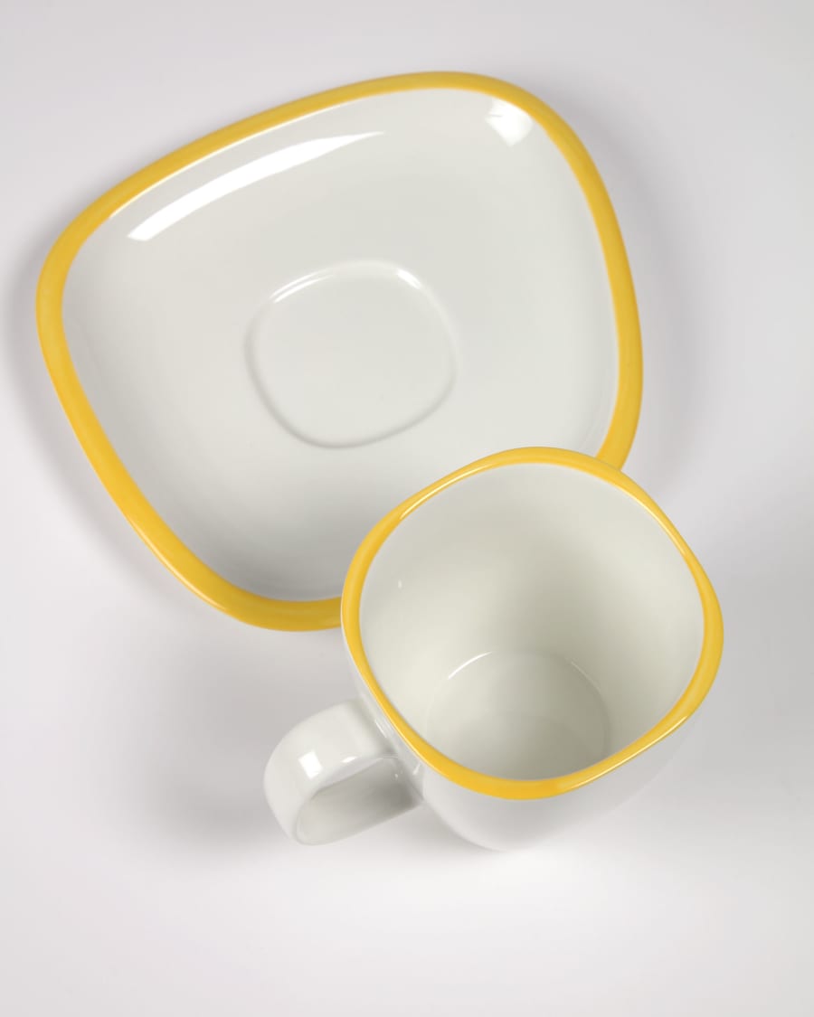 Tasse avec soucoupe Odalin porcelaine blanc et jaune | Kave Home®