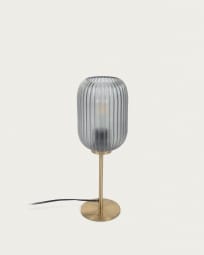 Lámpara de mesa Hestia de metal con acabado latón y cristal gris