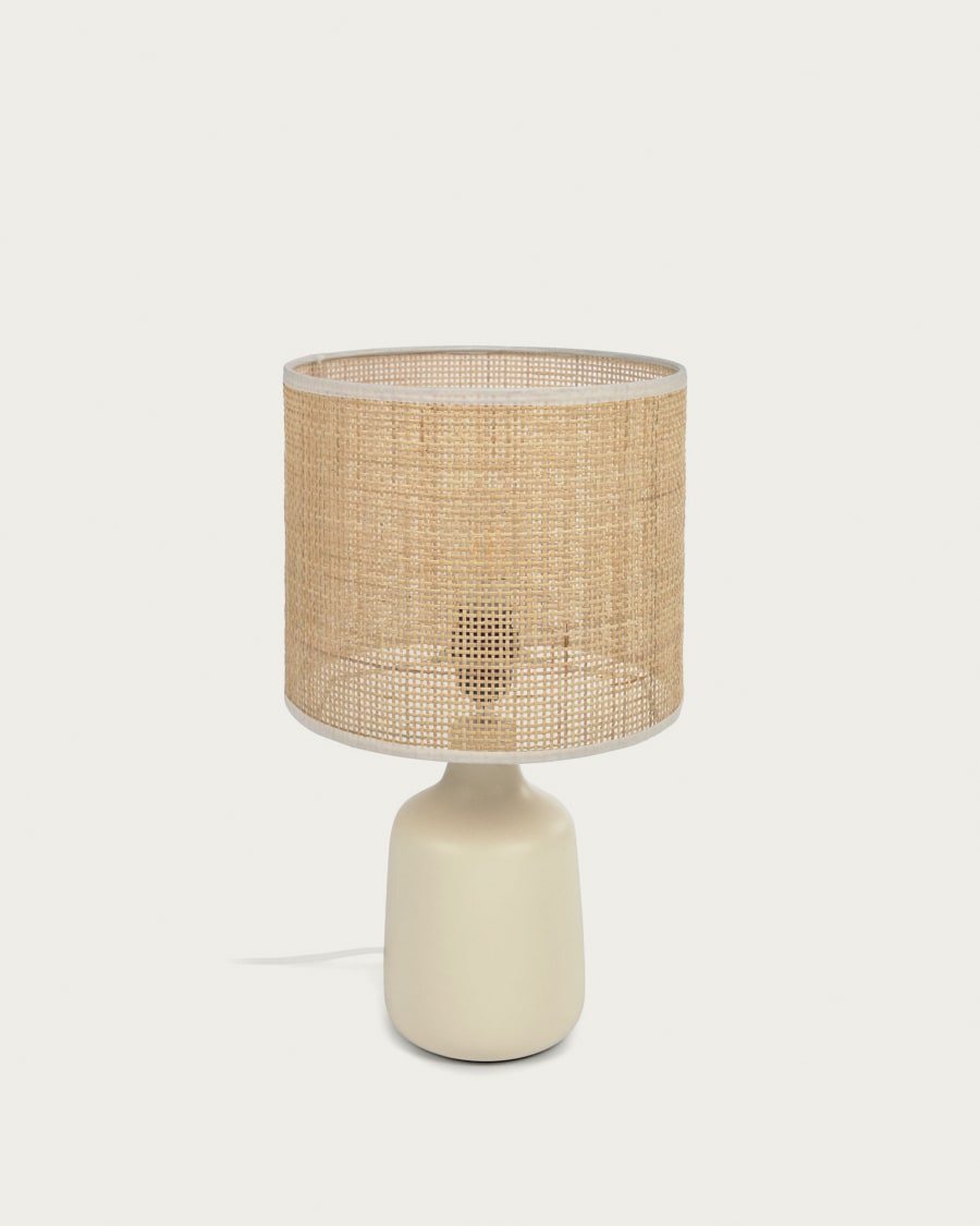 handig Consulaat Rudyard Kipling Tafellamp Erna in wit keramiek en bamboe met natuurlijke finish | Kave Home