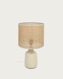 Lampada da tavolo Erna in ceramica bianca e bambù con finitura naturale