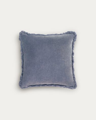 Cedella 100% cotton velvet cushion cover with fringe in blue 45 x 45 cm