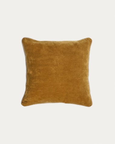 Poszewka na poduszkę Julina 100% bawełna musztardowy aksamit i białe frędzle 45 x 45 cm