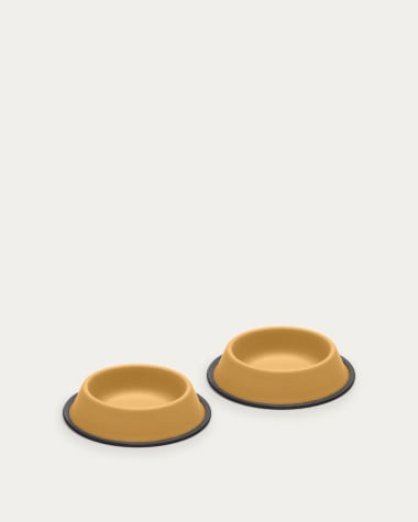 Conjunt Dalitso petit de 2 bols menjadora/abeurador mascota d'acer inoxidable mostassa Ø 21 cm
