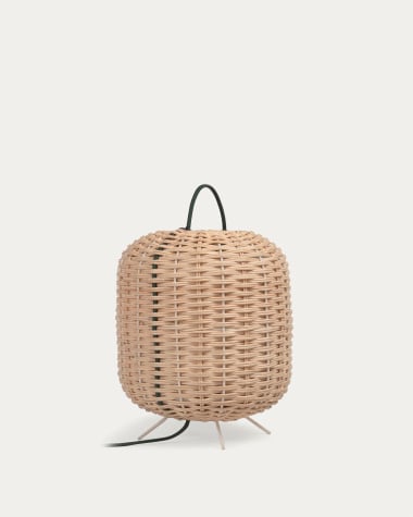 Small Lumisa table lamp in rattan with natural finish and green cord UK adapter
