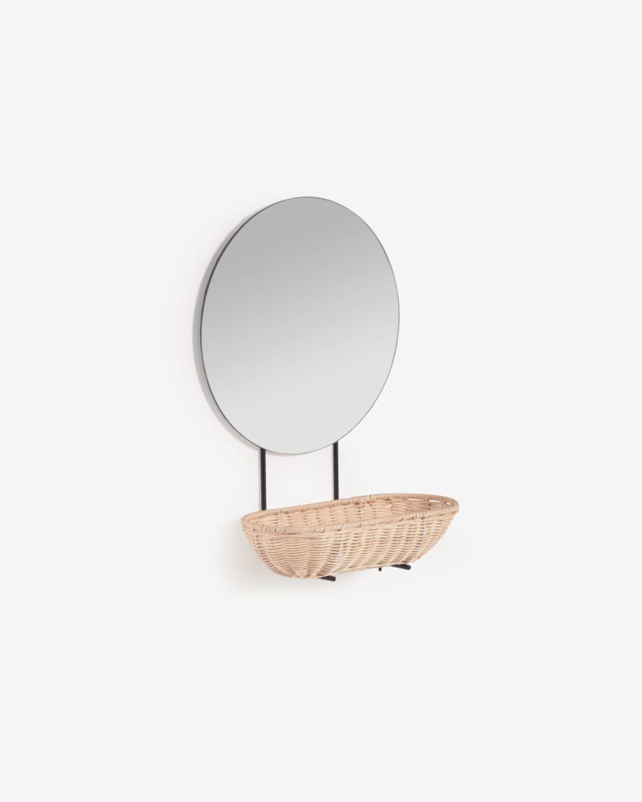 Espejo de pared pequeño Ebian con estante de ratán con acabado natural 35 x  16 cm | Kave Home