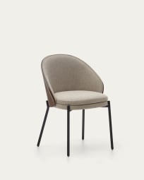 Cadeira Eamy de chenille castanho-claro chapado em freixo acabamento wengue e metal acabamento preto