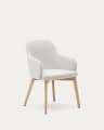 Cadeira Nelida de chenille bege e madeira maciça de faia com acabamento natural FSC 100%