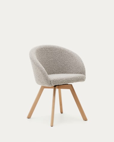 Sedia girevole Marvin in tessuto effetto montone grigio e gambe di legno massiccio di faggio con finitura naturale