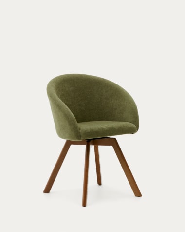 Περιστρεφόμενη καρέκλα Marvin, πράσινο chenille και πόδια από μασίφ ξύλο οξιάς σε φινίρισμα καρυδιάς