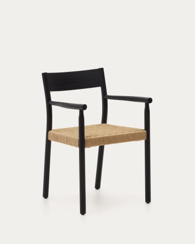Cadeira Yalia de madeira maciça de carvalho FSC 100% acabamento preto e assento de corda