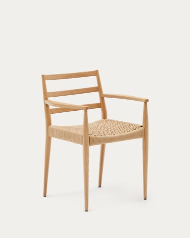 Cadeira Analy braços madeira maciça de carvalho acabamento natural FSC 100% assento corda