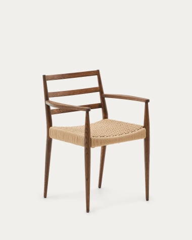 Cadeira Analy braços madeira maciça de carvalho acabamento nogueira FSC 100% assento corda