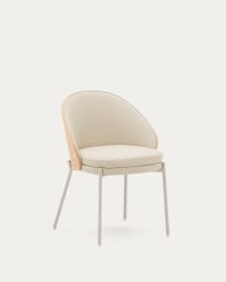 Krzesło Eamy z beżowej skóry syntetycznej, forniru jesionowego z naturalnym wykończeniem i beżowego metalu