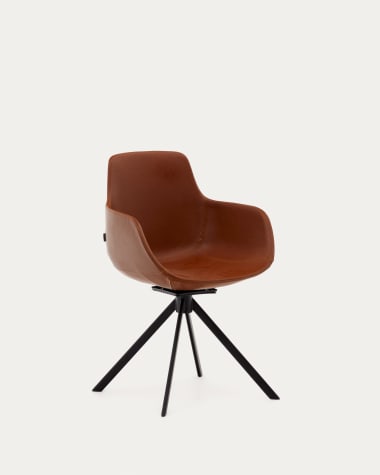Περιστρεφόμενη καρέκλα Tissiana, καφέ συνθετικό δέρμα και μαύρο ματ αλουμίνιο
