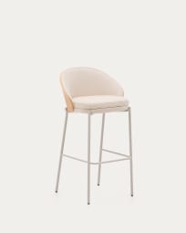 Eamy stool in beige chenille, in a natural finish ash veneer and beige metal and a height of 75 cm