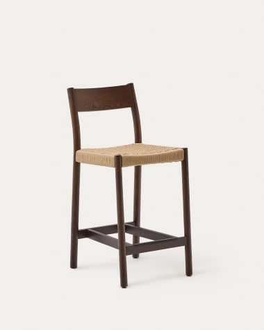 Yalia stool with a backrest in solid oak wood in a walnut finish, 100% FSC and rope cord seat, 65 cm