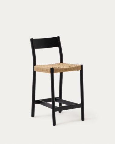 Yalia stool with a backrest in solid oak wood in a black finish, 100% FSC and rope cord seat, 65 cm
