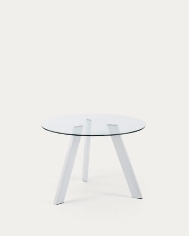Mesa redonda Carib de vidro e pernas de aço acabamento branco Ø 110 cm