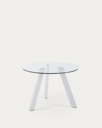 Στρογγυλό τραπέζι Carib, γυαλί και λευκά ατσάλινα πόδια, Ø 110 εκ
