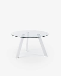 Στρογγυλό τραπέζι Carib, γυαλί και λευκά ατσάλινα πόδια, Ø 130 εκ