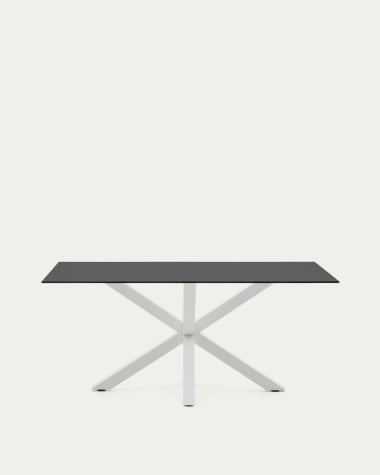 Table Argo en verre noir mat et pieds en acier finition blanche 160 x 90 cm