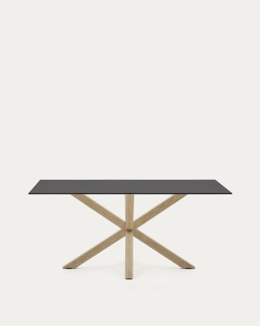 Tisch Argo aus schwarzem Milchglas und Beinen aus Stahl in Holzoptik, 160 x 90 cm