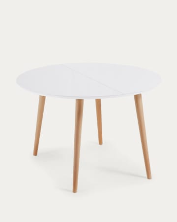Rozkładany okrągły stół Oqui lakierowane białe MDF, nogi drewno bukowe 120(200)x120 cm