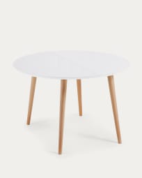 Table extensible ronde Oqui MDF laqué blanc et pieds bois hêtre 120(200)x120 cm