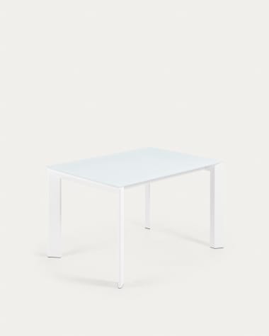 Axis uitschuifbare tafel in wit glas en wit stalen poten 120 (180) cm