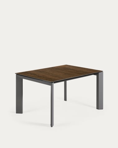 Axis extendable porcelain table with Iron Corten finish and dark grey steel legs, 140 (200) cm
