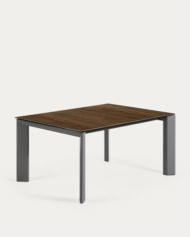 Axis extendable porcelain table with Iron Corten finish and dark grey steel legs, 160 (220) cm