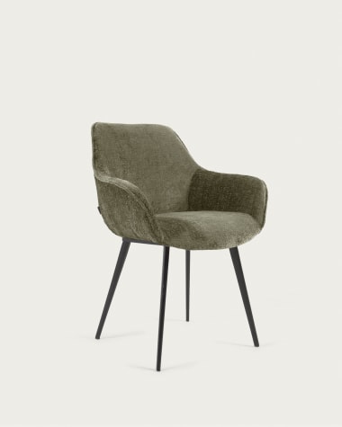 Chaise Amira en chenille vert foncé et pieds en métal peint noir