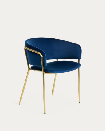 Runnie blue velvet chair with steel legs and gold finish FR