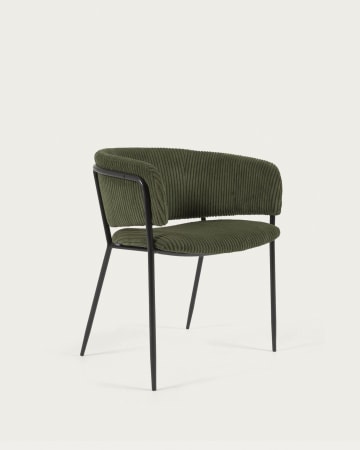 Stuhl Runnie aus dunkelgrünem dickem Cord mit schwarz lackierten Stahlbeinen