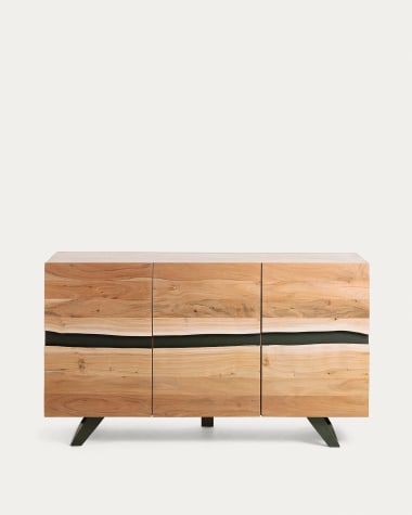 Uxia solid acacia wood sideboard with 3 doors and black finish steel, 148 x 85 cm