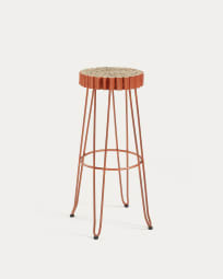 Everet solid mungur wood bar stool with copper effect metal legs