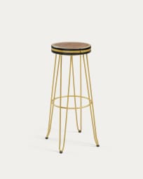 Faye solid mungur wood & steel stool with a gold finish, 74 cm height