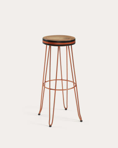 Faye solid mungur wood & steel stool with a copper effect finish, 74 cm height