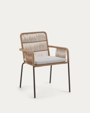 Samanta stackable chair made from beige cord and galvanised steel legs.