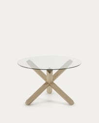 Στρογγυλό τραπέζι Lotus, γυαλί και πόδια σε μασίφ ξύλο δρυός, Ø 120 εκ