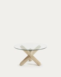 Lotus glass top coffee table with solid oak wood legs, Ø 65 cm