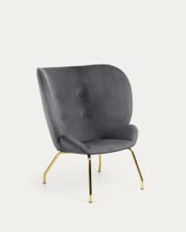Violet velvet armchair in dark grey with legs in a black finish.