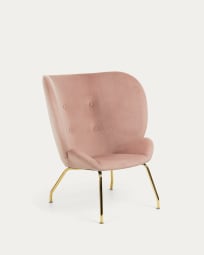 Violet velvet armchair in pink with legs in a black finish.