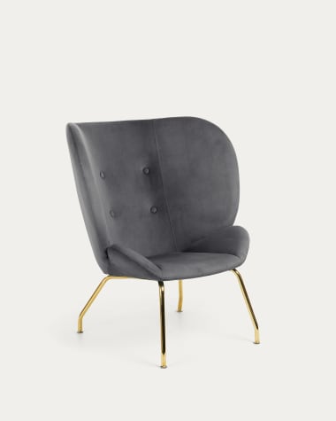 Violet armchair in dark grey velvet with steels legs in a gold finish