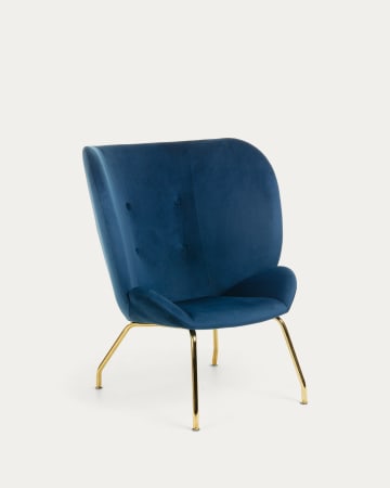 Fotel Violet w niebieskim aksamicie i stalowe nogi w złotym wykończeniu