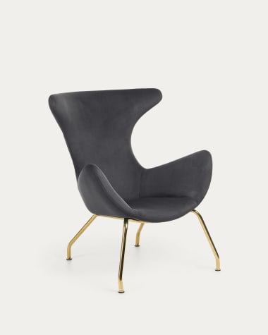 Chleo armchair in dark grey velvet with metal legs in a gold finish