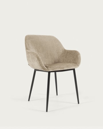 Konna Stuhl aus beiger Chenille mit schwarz lackierten Stahlbeinen
