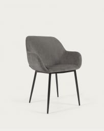 Cadeira Konna de chenille cinza-escuro e pernas de aço com acabamento pintado preto