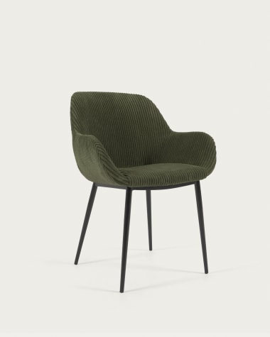 Καρέκλα Konna, σκούρο πράσινο χοντρό κοτλέ και μασίφ πόδια οξιάς σε μαύρο φινίρισμα