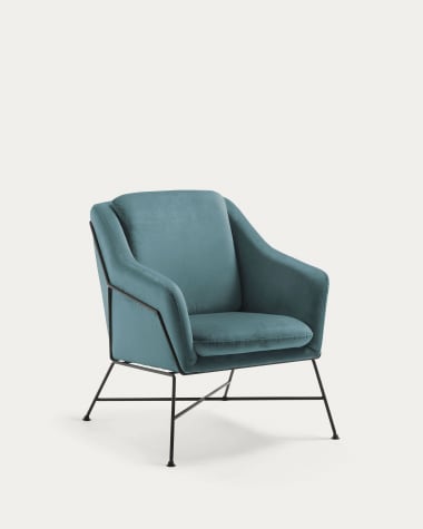 Brida velvet armchair in turquoise with steel structure in black finish.